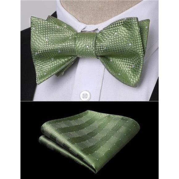 Check Plaid Self Tie Bow Tie and Pocket 02-green-1 - Picture 1 of 6